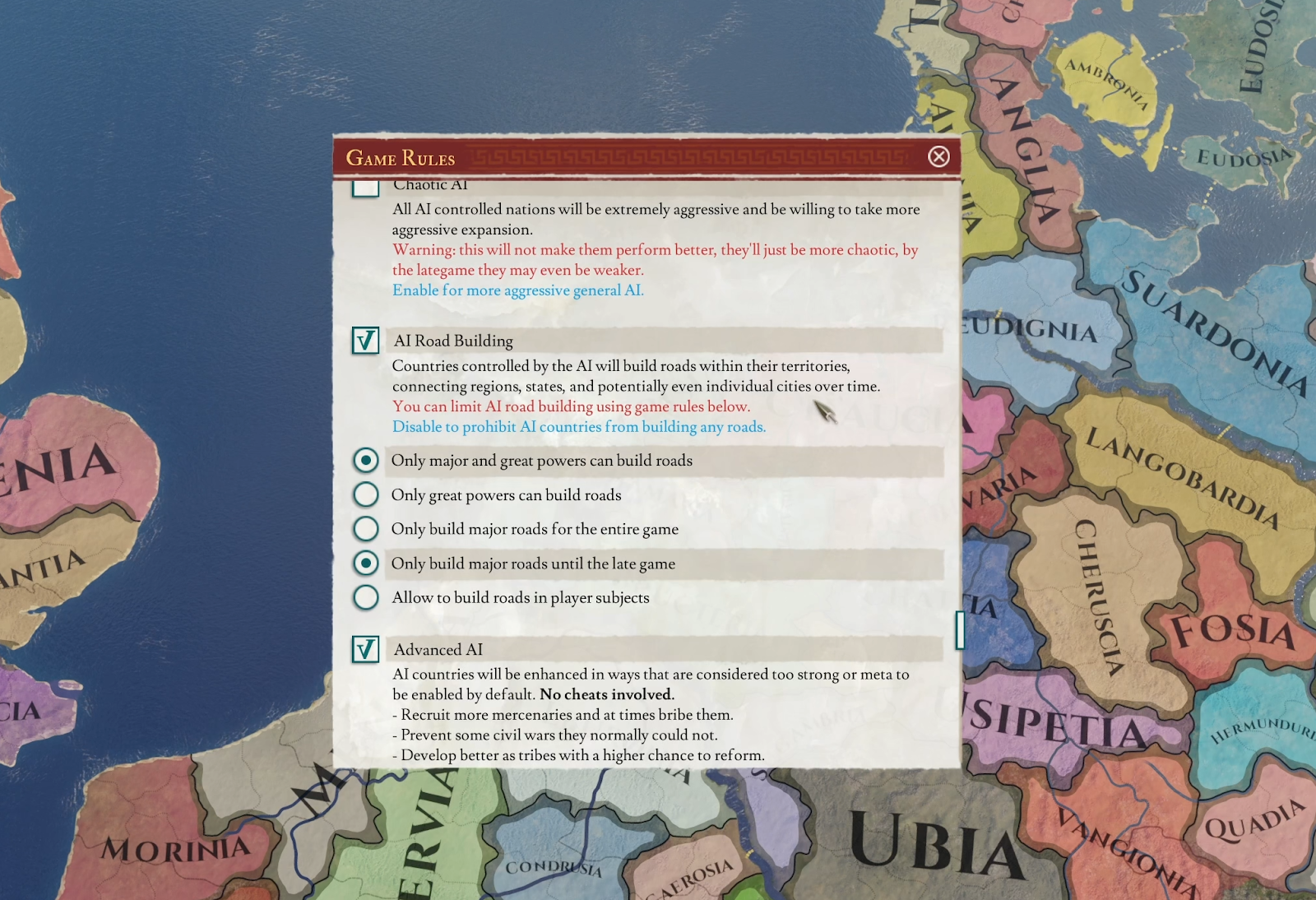 Game rules for AI road building